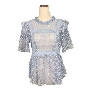 Chic Light Blue Textured Peplum Lace Sheer Ruffle Blouse Top Medium Feminine
